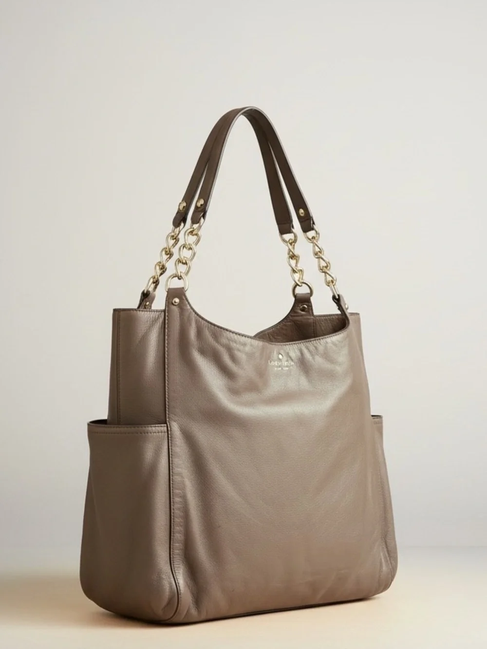 ✨ Kate Spade Taupe Pebbled Leather Chain Tote Large Neutral Shoulder Bag